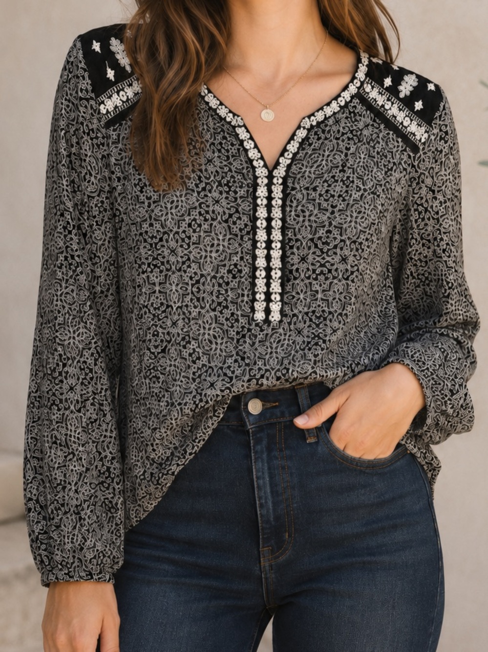 Lucky Brand Black White Paisley Embroidered Boho Tunic Blouse Top Size Fits L